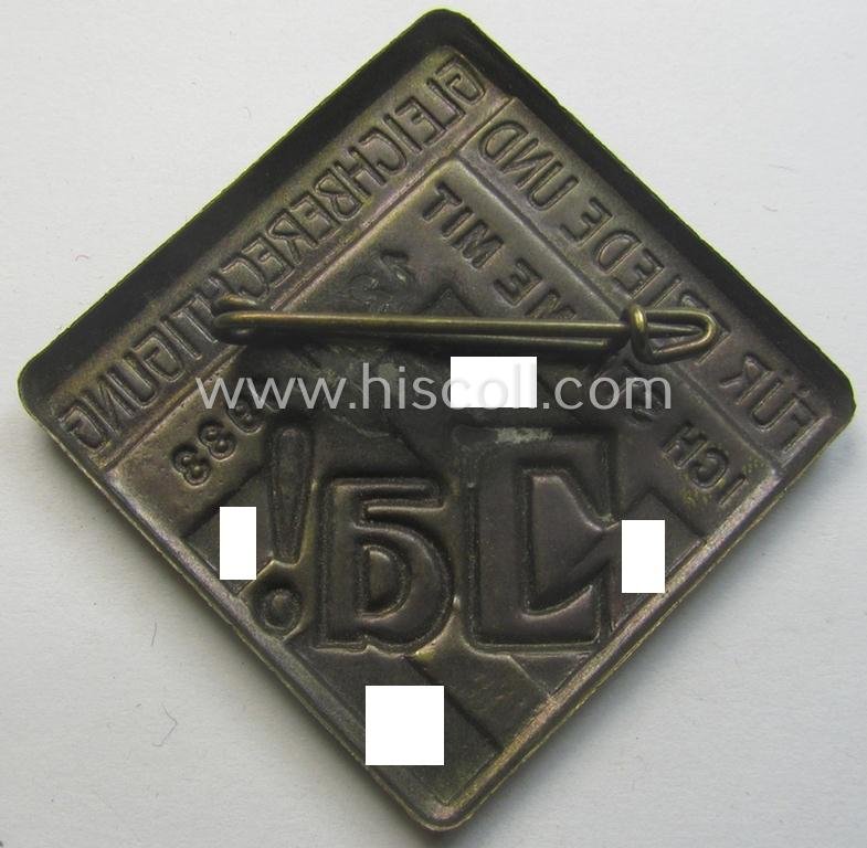 Partly bright-red-coloured, golden-bronze-toned N.S.D.A.P.-related day-badge (ie. 'tinnie' or: 'Veranstaltungsabzeichen'): 'Ja - Für Friede und Gleichberechtigung - Ich stimme mit - 12.11.1933' — image 2