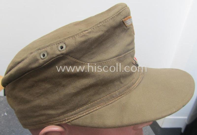 WH (Heeres), 'M41-pattern', tropical-issued field-cap (ie.: 'Tropen-Einheitsfeldmütze') being an (approx.) 57-cms.-sized example that is totally void of a makers'-, date- nor size-designation and that comes in a moderately worn- ie. used, condition — image 3