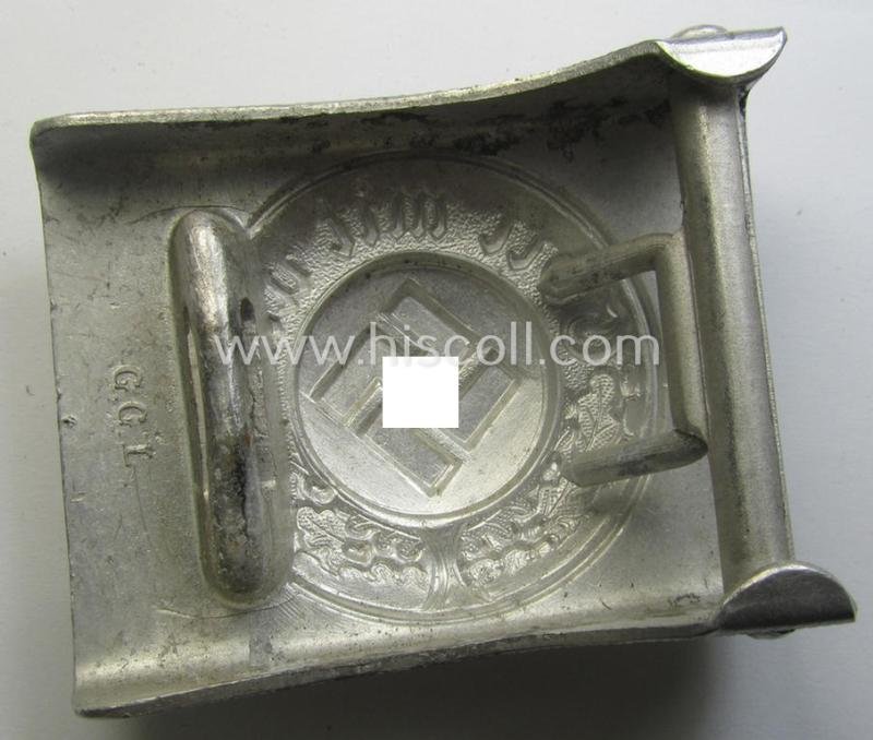 Police- (ie. 'Polizei') 'standard'-pattern, silver-toned- and aluminium-based belt-buckle (ie. 'Koppelschloss für Mannschaften u. Uffz. der Polizei') being a nicely maker- (ie. 'G.G.L.'-) marked example — image 2