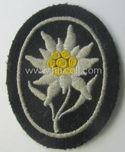 Waffen-SS-pattern, black-coloured sleeve-insignia (ie. 'Ärmelabzeichen') depicting an: 'Edelweiss'-flower as used …