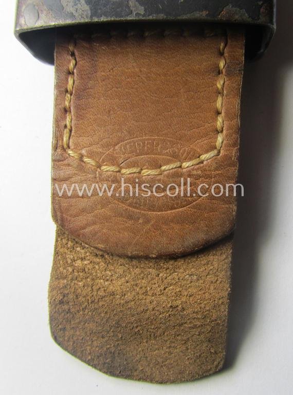 WH (Luftwaffe) bluish-grey-coloured, steel-based belt-buckle being a maker- (ie. 'R. Sieper & Söhne'-) marked example that comes mounted onto its leather-based tab — image 3