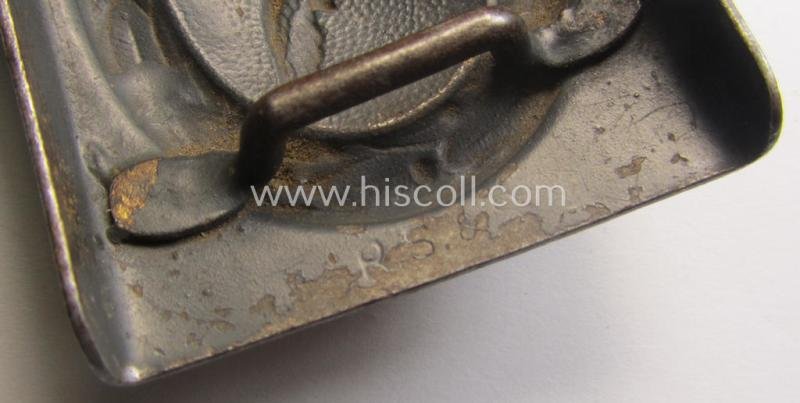 WH (Luftwaffe) bluish-grey-coloured, steel-based belt-buckle being a maker- (ie. 'R. Sieper & Söhne'-) marked example that comes mounted onto its leather-based tab — image 6