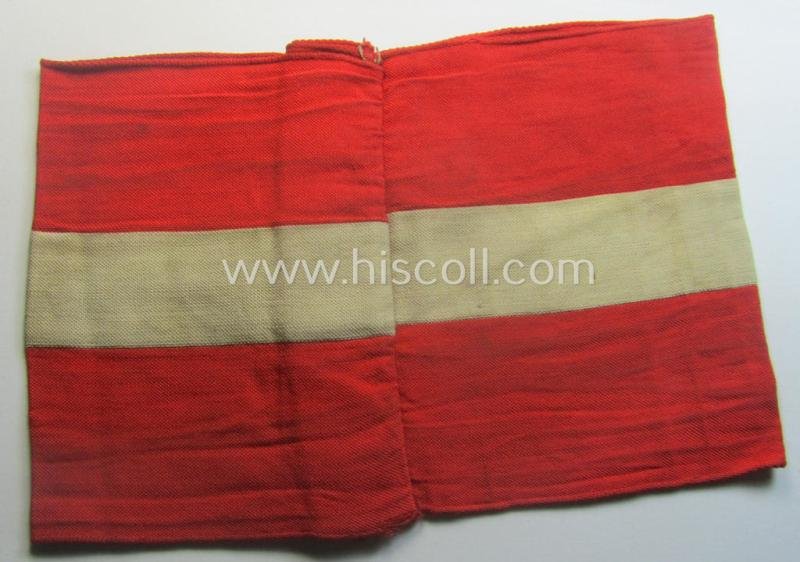 'Standard-issued'-pattern (ie. entirely woven) pattern, bright-red-coloured HJ- (ie. 'Hitlerjugend'-) related armband (ie. 'Armbinde') being a moderately worn- ie. used example that misses its 'RzM'-etiket — image 3