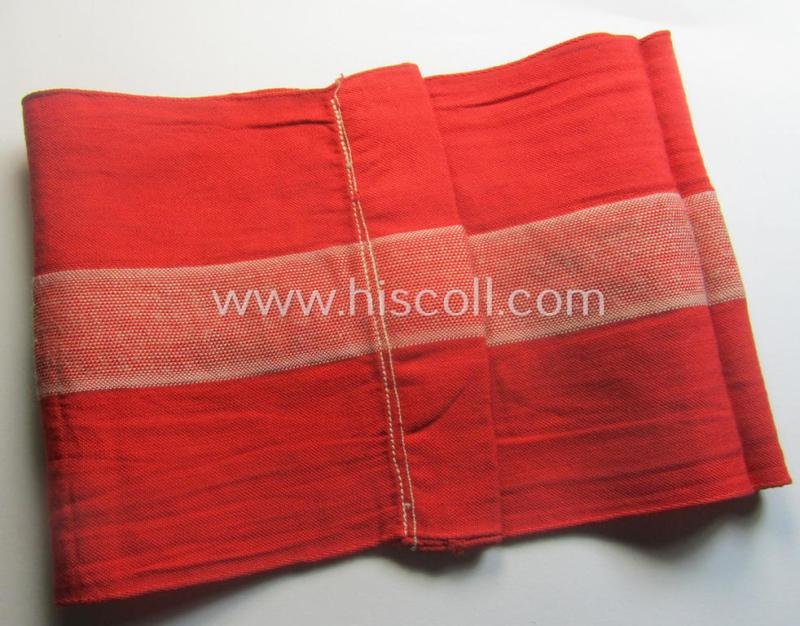 'Standard-issued'-pattern (ie. entirely woven) pattern, bright-red-coloured HJ- (ie. 'Hitlerjugend'-) related armband (ie. 'Armbinde') being a moderately worn- ie. used example that misses its 'RzM'-etiket — image 4