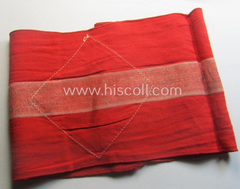 'Standard-issued'-pattern (ie. entirely woven) pattern, bright-red-coloured HJ- (ie. 'Hitlerjugend'-) related armband (ie. 'Armbinde') being a moderately worn- ie. used example that misses its 'RzM'-etiket — image 5