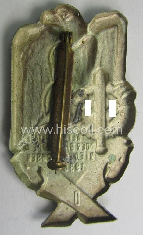 Commemorative, tin-based SA- (ie. 'Sturmabteilungen'-) related 'tinnie', being a non-maker-marked- and 'hollow-back' example depicting an eagle-device and SA-sports'-badge and the text: 'SA-Wettkampftage der SA-Gruppe Niedersachsen - 1936' — image 2