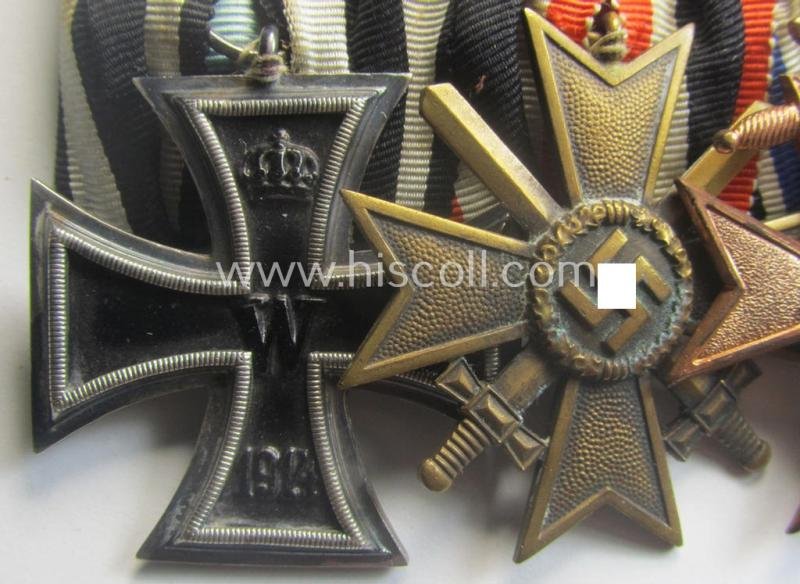 4-pieced, WWI- (ie. TR-) period medal-bar (ie.: 'Ordenspange') resp. showing a WWI-pattern: 'EKII. Kl.', a: 'KvK II.Kl. mit S.', a: 'Bayern Militär-Verdienstkreuz 3. Kl. mit Schwn.' and a: 'FKK 1914-18 mit Schwn.' — image 2