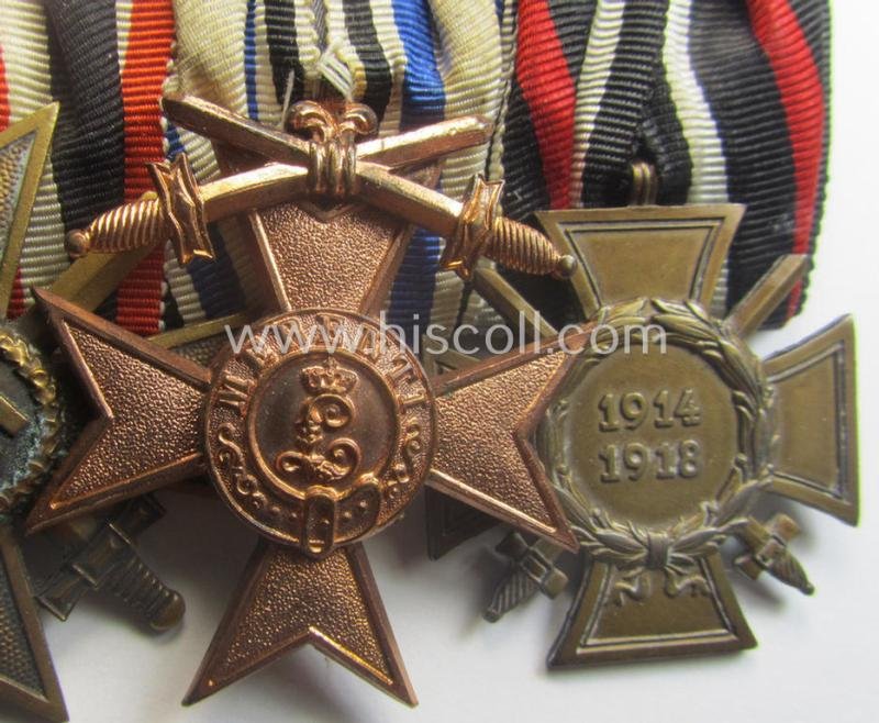 4-pieced, WWI- (ie. TR-) period medal-bar (ie.: 'Ordenspange') resp. showing a WWI-pattern: 'EKII. Kl.', a: 'KvK II.Kl. mit S.', a: 'Bayern Militär-Verdienstkreuz 3. Kl. mit Schwn.' and a: 'FKK 1914-18 mit Schwn.' — image 3