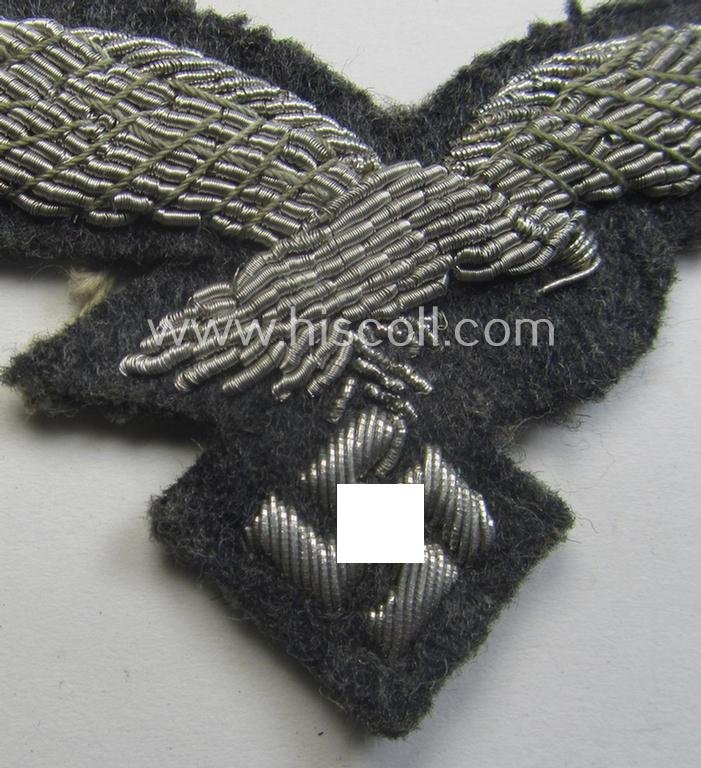 WH (Luftwaffe) officers'-pattern visor-cap-eagle (ie. 'Adler für LW-Offiziers-Schirmmütze') being a neatly hand-embroidered example of the: 'Extra Qualität' that comes in a moderately used- (ie. carefully cap-removed-), condition — image 2