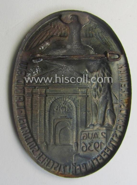 Commemorative, golden-bronze-toned and/or tin-based: 'N.S.K.O.V.'- (ie. veteran-) related 'tinnie' being a non-maker-marked example showing the text: 'Kameradschaftstreffen Pfälzischer Soldaten - Landau - 2. Aug.1936' — image 2