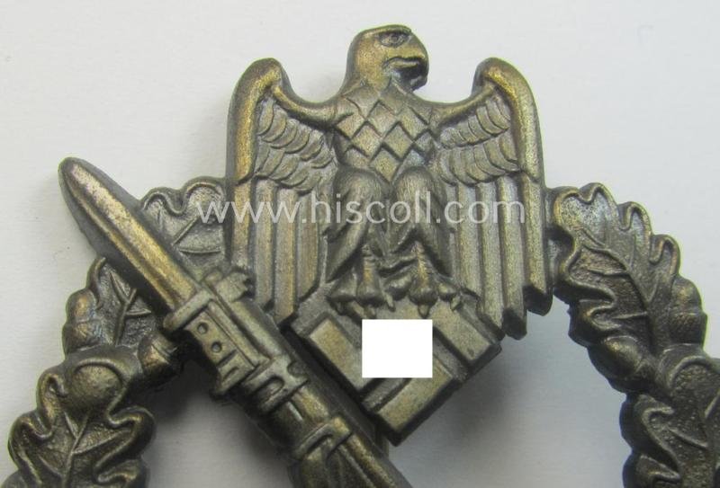 'Virtually mint', 'Infanterie Sturmabzeichen in Bronze' being a maker- (ie. 'JFS'-) marked, 'solid-back' example by the desirable maker: 'Josef Feix u. Söhne' as was executed in golden-bronze-coloured, zinc-based metal — image 2