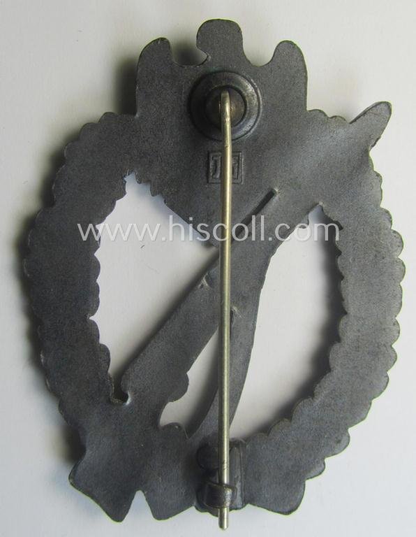 'Virtually mint', 'Infanterie Sturmabzeichen in Bronze' being a maker- (ie. 'JFS'-) marked, 'solid-back' example by the desirable maker: 'Josef Feix u. Söhne' as was executed in golden-bronze-coloured, zinc-based metal — image 3