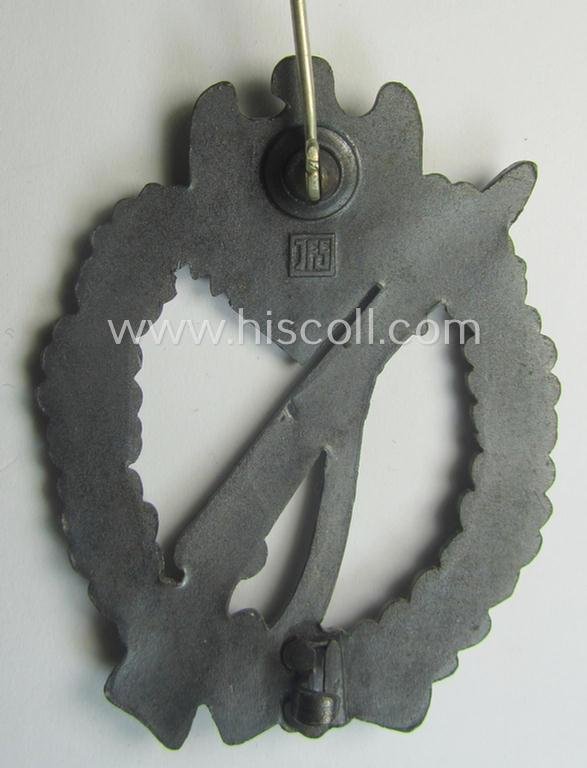 'Virtually mint', 'Infanterie Sturmabzeichen in Bronze' being a maker- (ie. 'JFS'-) marked, 'solid-back' example by the desirable maker: 'Josef Feix u. Söhne' as was executed in golden-bronze-coloured, zinc-based metal — image 4