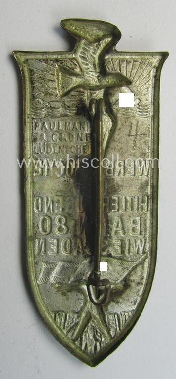 HJ (ie. 'Hitlerjugend') related 'tinnie' ie. 'Veranstaltungsabzeichen' being a maker- (ie. 'Paulmann u. Crone'-) marked example showing a sunburst, sea-gull and HJ-flag-bearer and text: 'Werbewoche der Hitler Jugend - Bann 80 - Wiesbaden' — image 2