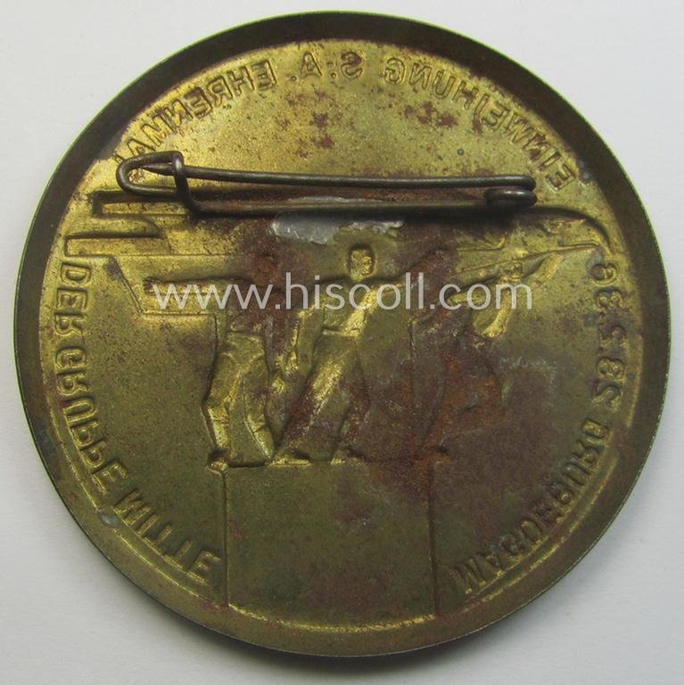 Commemorative SA- (ie. 'Sturmabteilungen'-) related 'tinnie' being a non-maker-marked example showing three sportsmen and eagle-statue coupled with the text: 'Einweihung S.A.-Ehrenmal der Gruppe Mitte - Magdeburg - 23.2.1936' — image 2