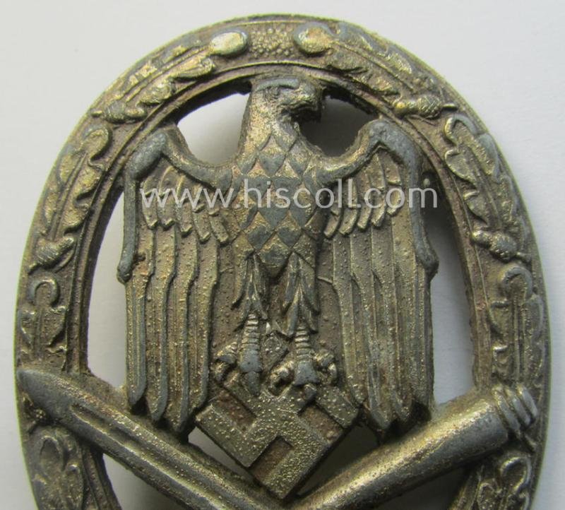 'Allgemeines Sturmabzeichen' (or: General Assault Badge ie. GAB) being a typical unmarked, zinc-based- (ie. 'Feinzink'-) and/or: 'semi-hollow-back'-version as was (I deem) produced by the: 'Rudolf Karneth'-company — image 2