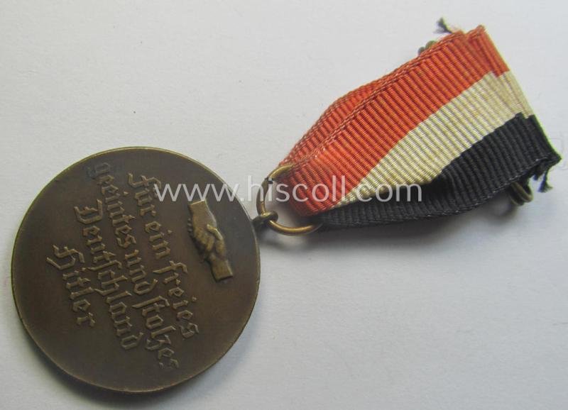 Darker-bronze-toned commemorative-medal (ie. 'Erinnerungs-Medaille') entitled: 'Hindenburg - Hitler - 30.1.1933 - 5.3.1933' and that comes mounted onto its period ribbon showing an interwoven swastika-device — image 4
