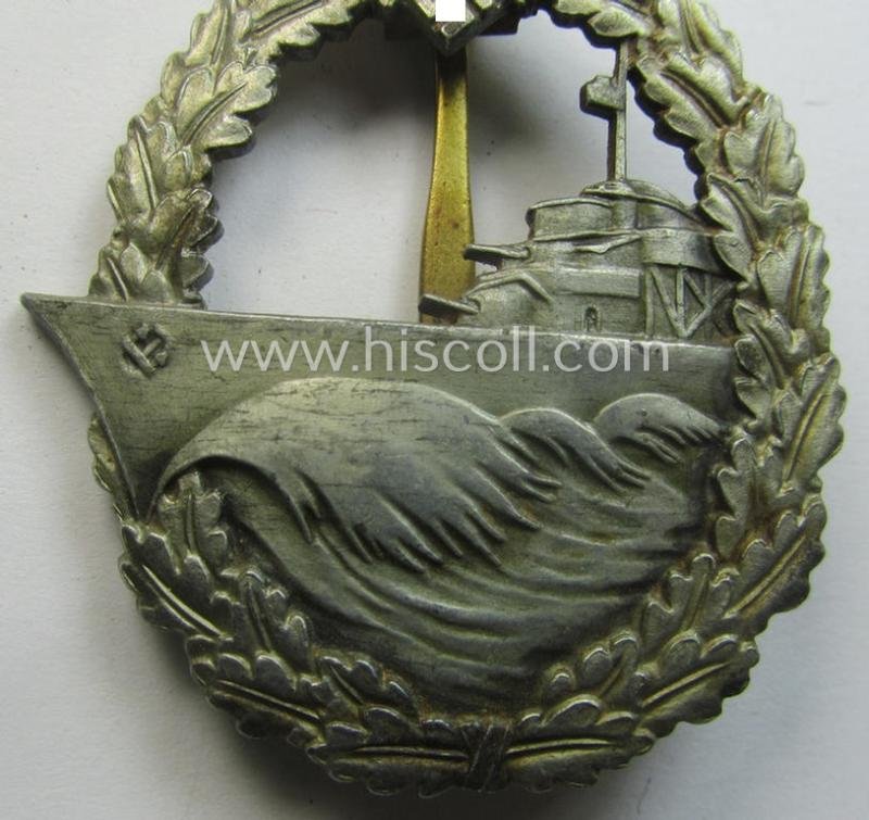 Scarcely found, WH (Kriegsmarine) 'Zerstörerkriegsabzeichen' being a clearly maker- (ie. 'L/18'-) marked example as executed in 'Feinzink' as was produced by the desirable maker (ie. 'Hersteller'): 'B.H. Mayer's Kunstprägeanstalt' — image 3