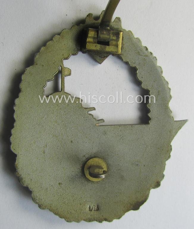 Scarcely found, WH (Kriegsmarine) 'Zerstörerkriegsabzeichen' being a clearly maker- (ie. 'L/18'-) marked example as executed in 'Feinzink' as was produced by the desirable maker (ie. 'Hersteller'): 'B.H. Mayer's Kunstprägeanstalt' — image 5