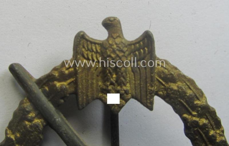 WH (Kriegsmarine) 'Marine-Artillerie-Abzeichen' being a typical non-maker-marked- and/or zinc- (ie. 'Feinzink'-) based example as was (presumably) produced by the: 'Alois Rettenmaier'-company — image 2