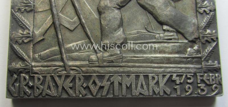 Luxuriously-styled - and with certainty rarely seen! - SA- (ie. 'Sturmabteilungen'-) related commemorative-plaque (ie. 'Erinnerungs- o. nichttragbare Plakette') entitled: 'S.A. Wintersportkämpfe - Gr. Bayer.Ostmark - 4./5. Febr. 1939 - Dem Sieger' — image 3