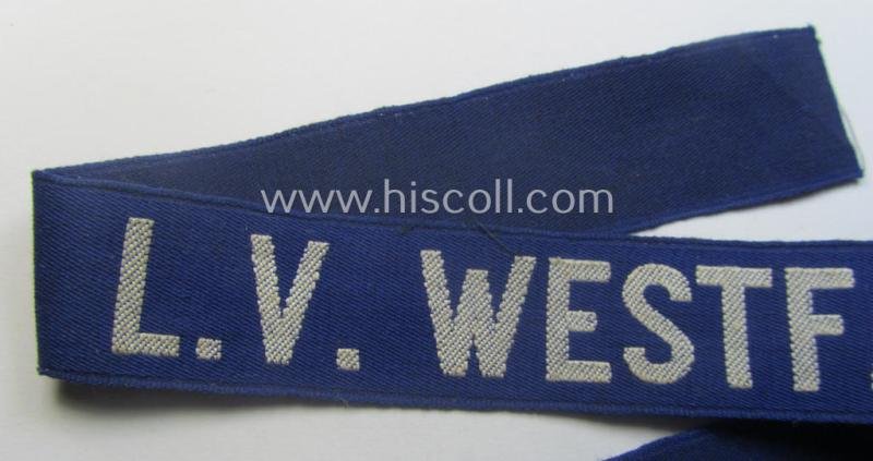 Minimally used, typical bluish-coloured- and/or linnen-based 'Der Stahlhelmbund' (ie. 'Der Stahlhelm' - Bund der Frontsoldaten (or: Sta)' cuff-title (ie. 'Ärmelstreifen') entitled: 'L.V. Westfalen' — image 2