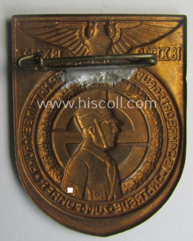 Unusually seen, reddish-bronze-toned, SA-related day-badge (ie. 'tinnie' or: 'Veranstaltungsabzeichen') as was issued to commemorate an event entitled: '18.X.1922 - 18.X.1937 - 15 Jahre Ortsgruppe der NSDAP Hattingen-Ruhr - Im Treue zur Führer' — image 2