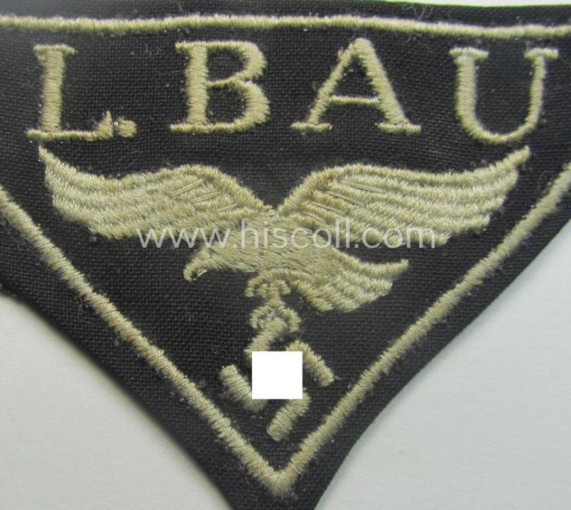 WH (Luftwaffe)-related- (EM- ie. NCO-pattern-) machine-embroidered breast-badge ie. eagle-device showing the text: 'L. Bau' as was (I deem) specifically intended for staff working within the WH 'Generalluftzeugmeister'- (ie. 'GL'-) organisation — image 2