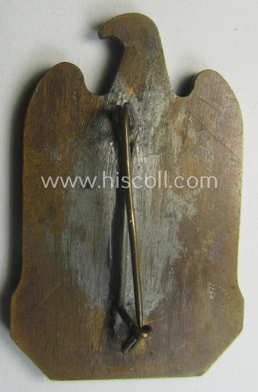 Repaired, N.S.D.A.P.-related 'tinnie' (ie. 'Tagungs- o. Veranstaltungsabzeichen'-) being a non-maker-marked, 'solid-back'-pattern and/or golden-bronze-toned example showing the text: 'N.S.D.A.P. Reichsparteitag - Nürnberg 1933' — image 2