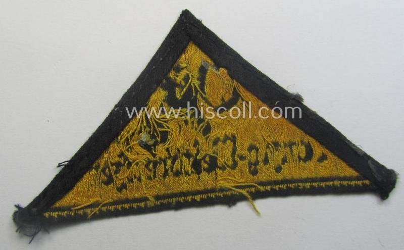 Extremely rarely encountered, 'HJ' ('Hitlerjugend') district-triangle (ie. 'Gebietsdreieck') entitled: 'Ost Danzig-Westpreussen' being a truly worn- ie. used specimen that misses its 'RzM'-etiket — image 2