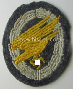 Truly used- and/or carefully tunic-removed, WH (Luftwaffe) 'Fallschirmschützen-Abzeichen in Stoff' …
