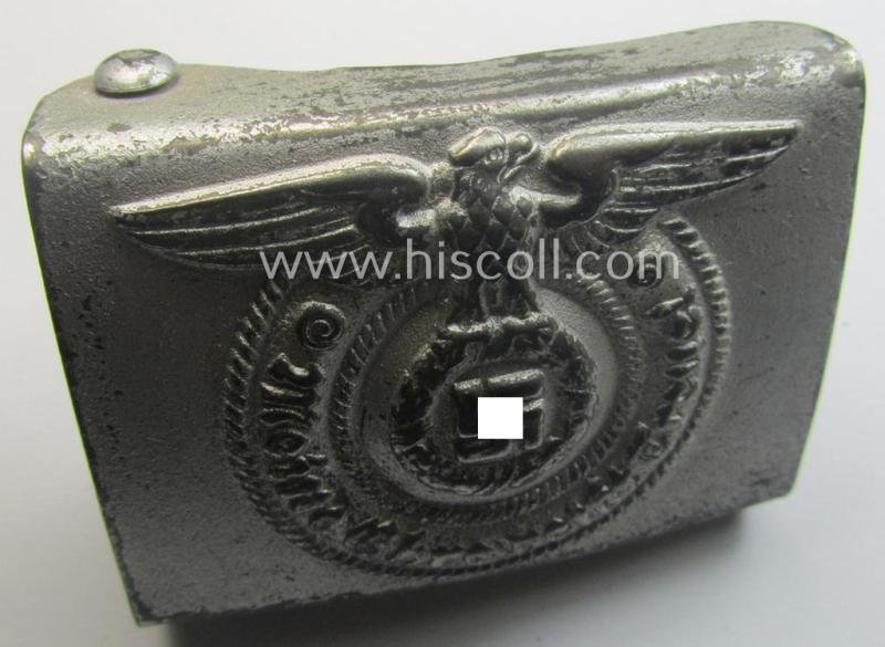 Waffen-SS, EM- (ie. NCO-) type belt-buckle (being a typical, unmarked and typical steel-based: 'Overhoff & Cie'-example) that comes in a surely issued- and/or moderately used- ie. worn, condition — image 3