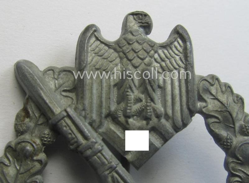 Attractive - and mininally used! - 'Infanterie-Sturmabzeichen in Silber' (or: silver-class infantry-assault badge ie. IAB) being a neatly maker- (ie. '4'- or: 'Metall u. Kunststoff'-) marked example as executed in silverish-coloured 'Feinzink' — image 2