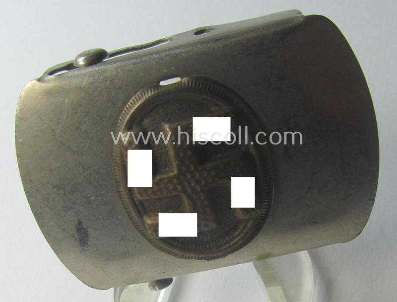 Bright-silver-toned (ie. chromed metal-based) patriotic belt-buckle (ie. N.S.D.A.P.-supportive-piece) that shows a bronze-toned swastika surrounded by a pronounced rim — image 3