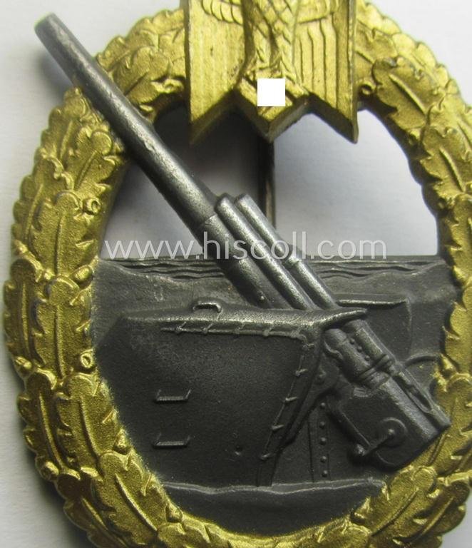 'Virtually mint' example of a WH (Kriegsmarine) 'Marine-Artillerie-Abzeichen' being a maker- (ie. F.L.L.-) marked- and/or typical zinc- (ie. 'Feinzink'-) based example as was produced by the: 'Friedrich Linden'-company — image 3