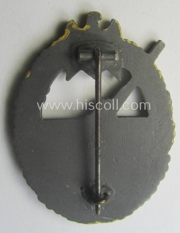 'Virtually mint' example of a WH (Kriegsmarine) 'Marine-Artillerie-Abzeichen' being a maker- (ie. F.L.L.-) marked- and/or typical zinc- (ie. 'Feinzink'-) based example as was produced by the: 'Friedrich Linden'-company — image 4