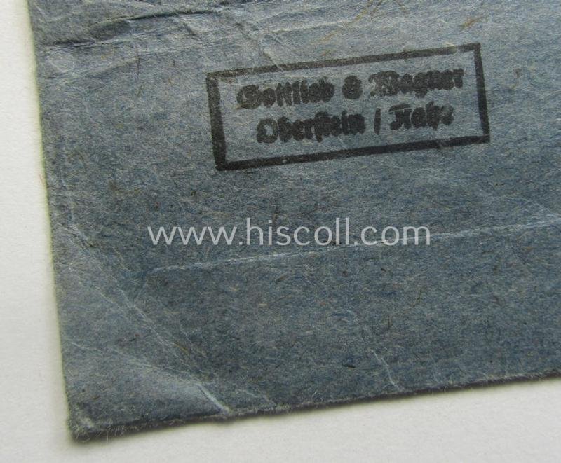 'Zellstoff'-based medal-pouch entitled: 'Infanterie-Sturmabzeichen' (or: silver- ie. bronze-class infantry assault-badge ie. IAB) as executed in typical: 'Zellstoff'-based paper as was intended to store an IAB by the maker: 'Gottlieb & Wagner' — image 4