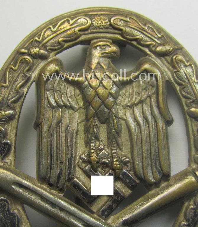 Attractive - and moderately used- ie. worn! - 'Allgemeines Sturmabzeichen' (or: General Assault Badge ie. GAB) being a (typical) unmarked 'Buntmetall'-based and/or scarcely seen 'hollow-back'-version as produced by the: 'Otto Schickle'-company — image 2