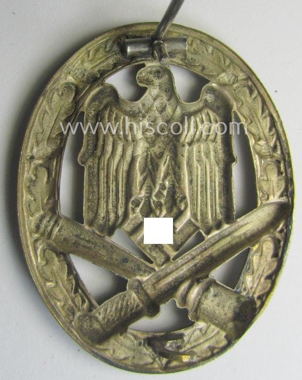 Attractive - and moderately used- ie. worn! - 'Allgemeines Sturmabzeichen' (or: General Assault Badge ie. GAB) being a (typical) unmarked 'Buntmetall'-based and/or scarcely seen 'hollow-back'-version as produced by the: 'Otto Schickle'-company — image 3
