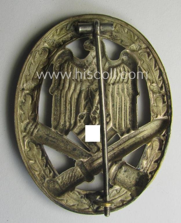 Attractive - and moderately used- ie. worn! - 'Allgemeines Sturmabzeichen' (or: General Assault Badge ie. GAB) being a (typical) unmarked 'Buntmetall'-based and/or scarcely seen 'hollow-back'-version as produced by the: 'Otto Schickle'-company — image 4