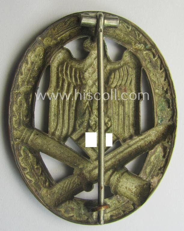 Attractive - and moderately used- ie. worn! - 'Allgemeines Sturmabzeichen' (or: General Assault Badge ie. GAB) being a (typical) unmarked 'Buntmetall'-based and/or scarcely seen 'hollow-back'-version as produced by the: 'Otto Schickle'-company — image 3