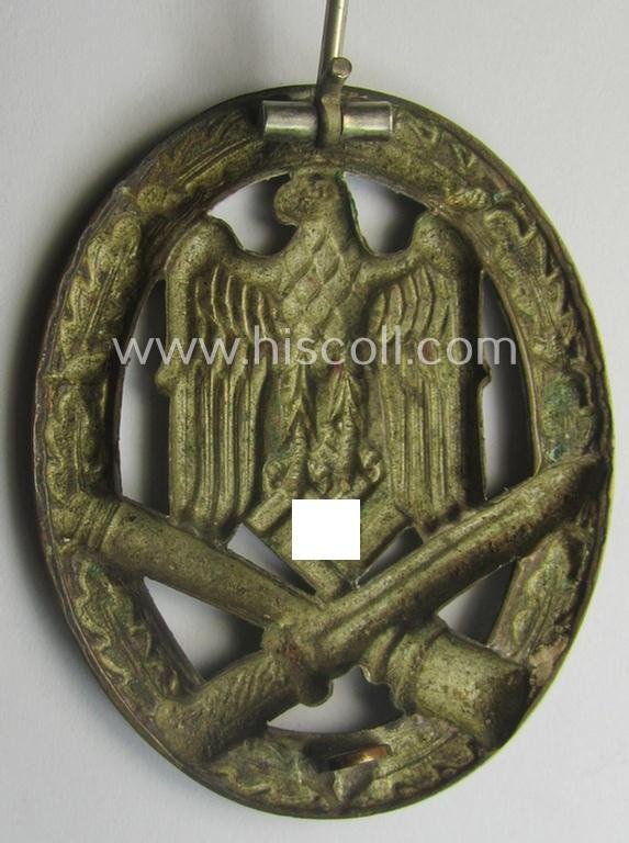 Attractive - and moderately used- ie. worn! - 'Allgemeines Sturmabzeichen' (or: General Assault Badge ie. GAB) being a (typical) unmarked 'Buntmetall'-based and/or scarcely seen 'hollow-back'-version as produced by the: 'Otto Schickle'-company — image 4