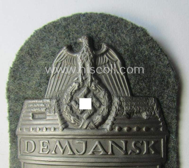 Superb, WH (Heeres ie. Waffen-SS) 'Demjansk'-campaign-shield as executed in typical magnetic, so-called: 'Eisenblech' (and being of the 'missing-log' variant-pattern) — image 2
