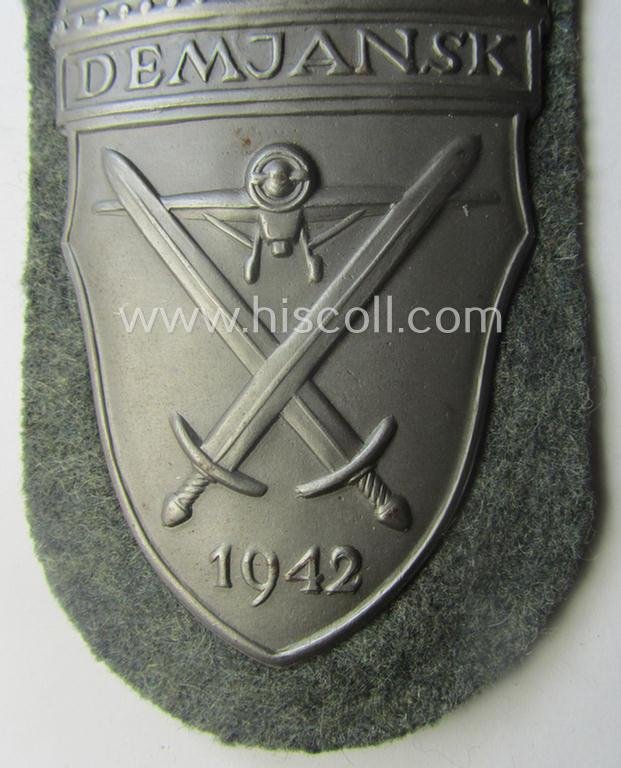 Superb, WH (Heeres ie. Waffen-SS) 'Demjansk'-campaign-shield as executed in typical magnetic, so-called: 'Eisenblech' (and being of the 'missing-log' variant-pattern) — image 3