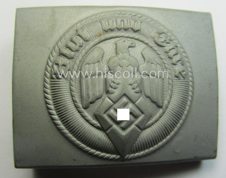'Anodised'- (and 'virtually mint'!) 'HJ'- (ie. 'Hitlerjugend'-) related enlisted-mens'- (ie. NCO-) type belt-buckle being a non-maker-marked example that still retains its (period glued-in!) 'RzM'-etiket and that comes in a wonderful, condition — image 2