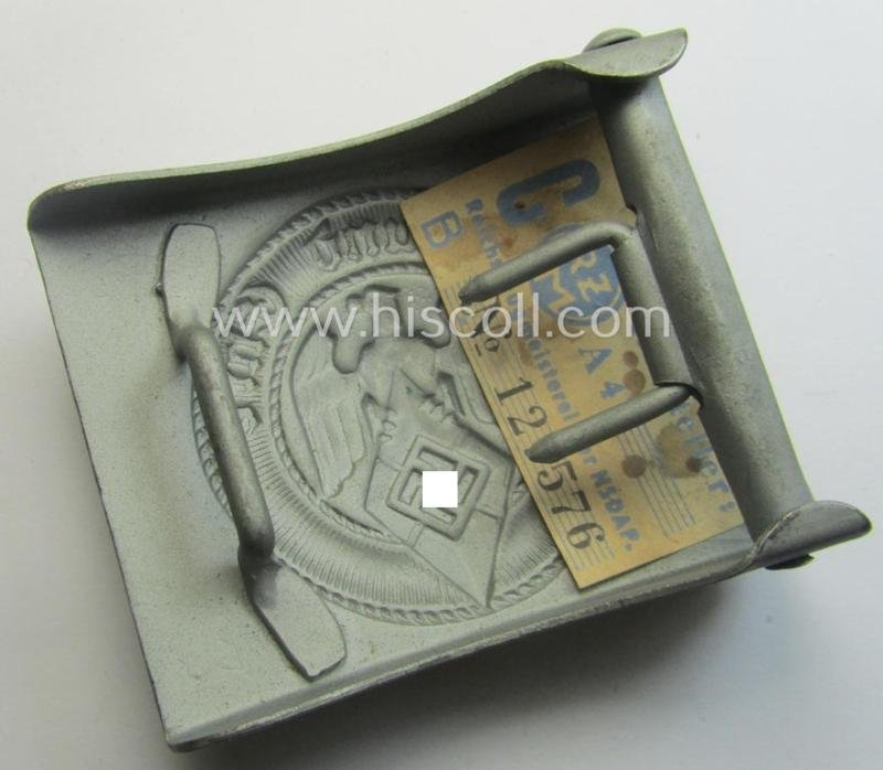 'Anodised'- (and 'virtually mint'!) 'HJ'- (ie. 'Hitlerjugend'-) related enlisted-mens'- (ie. NCO-) type belt-buckle being a non-maker-marked example that still retains its (period glued-in!) 'RzM'-etiket and that comes in a wonderful, condition — image 3