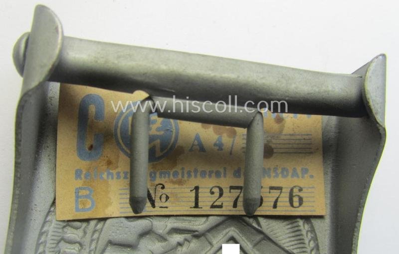 'Anodised'- (and 'virtually mint'!) 'HJ'- (ie. 'Hitlerjugend'-) related enlisted-mens'- (ie. NCO-) type belt-buckle being a non-maker-marked example that still retains its (period glued-in!) 'RzM'-etiket and that comes in a wonderful, condition — image 4