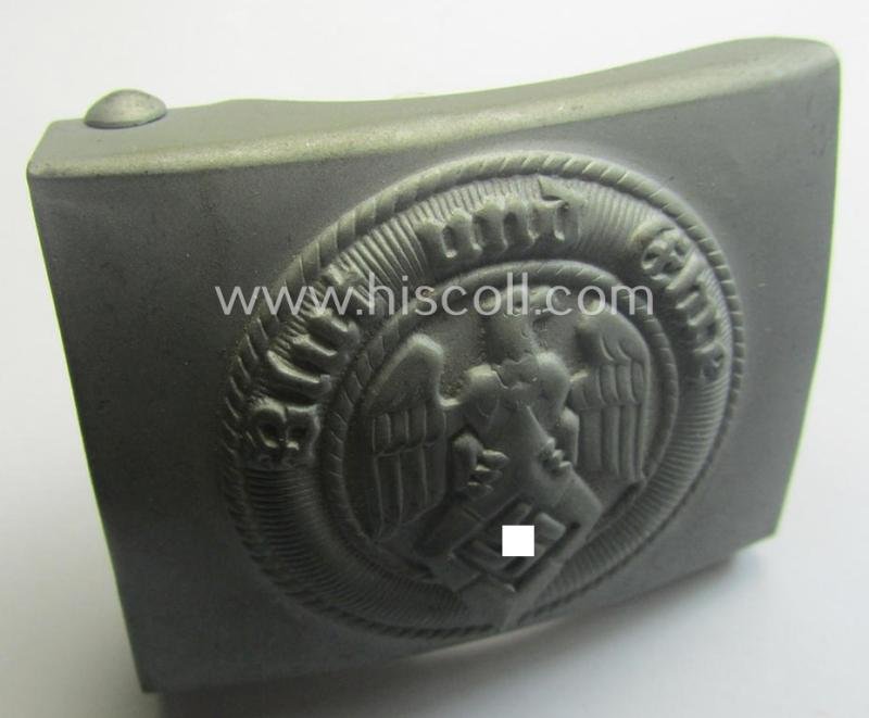 'Anodised'- (and 'virtually mint'!) 'HJ'- (ie. 'Hitlerjugend'-) related enlisted-mens'- (ie. NCO-) type belt-buckle being a non-maker-marked example that still retains its (period glued-in!) 'RzM'-etiket and that comes in a wonderful, condition — image 5