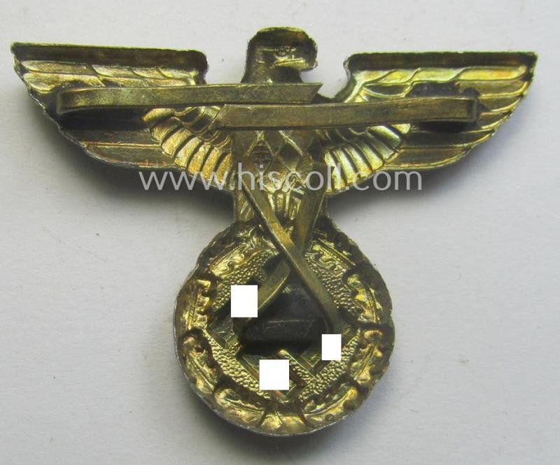 Bright-golden-toned- (and zinc- ie. 'Feinzink'-based) smaller-sized, political-style visor- (ie. 'Schirmmützen' cap-eagle being a detailed example that shows an: 'A' (ie. 'Assmann & Sohne'-) makers'-designation — image 2