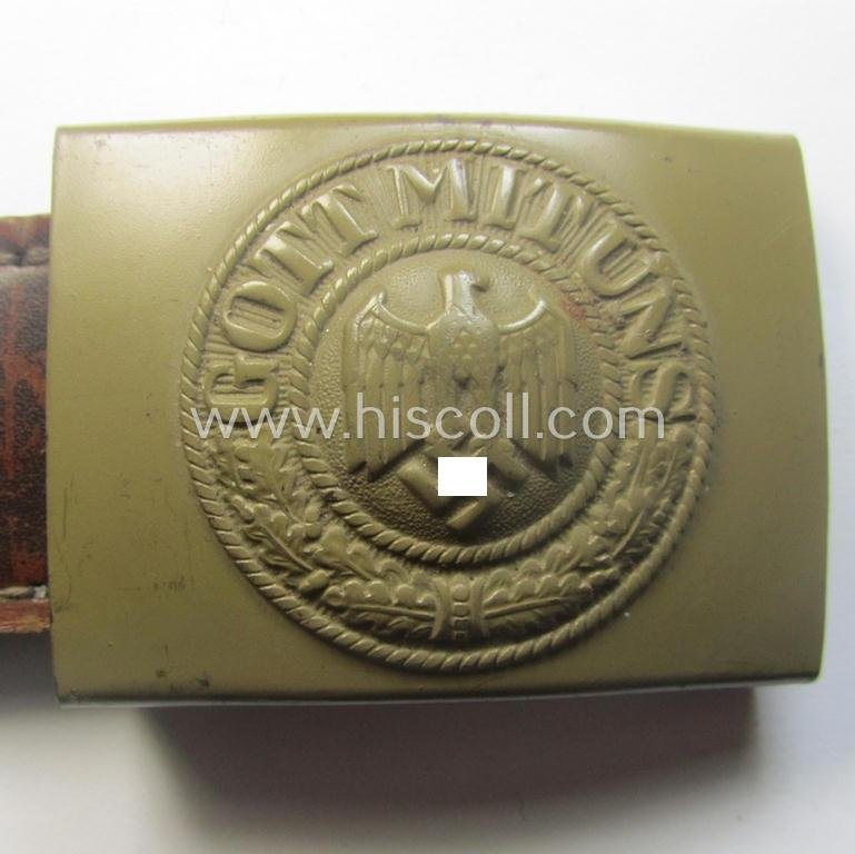 'Virtually mint', 'standard-issue'-pattern, WH (Heeres) field-grey-toned- and/or steel-based belt-buckle being a non-maker-marked example that comes mounted onto its 'B. Haarmann'-marked and/or '1941'-dated tab — image 2